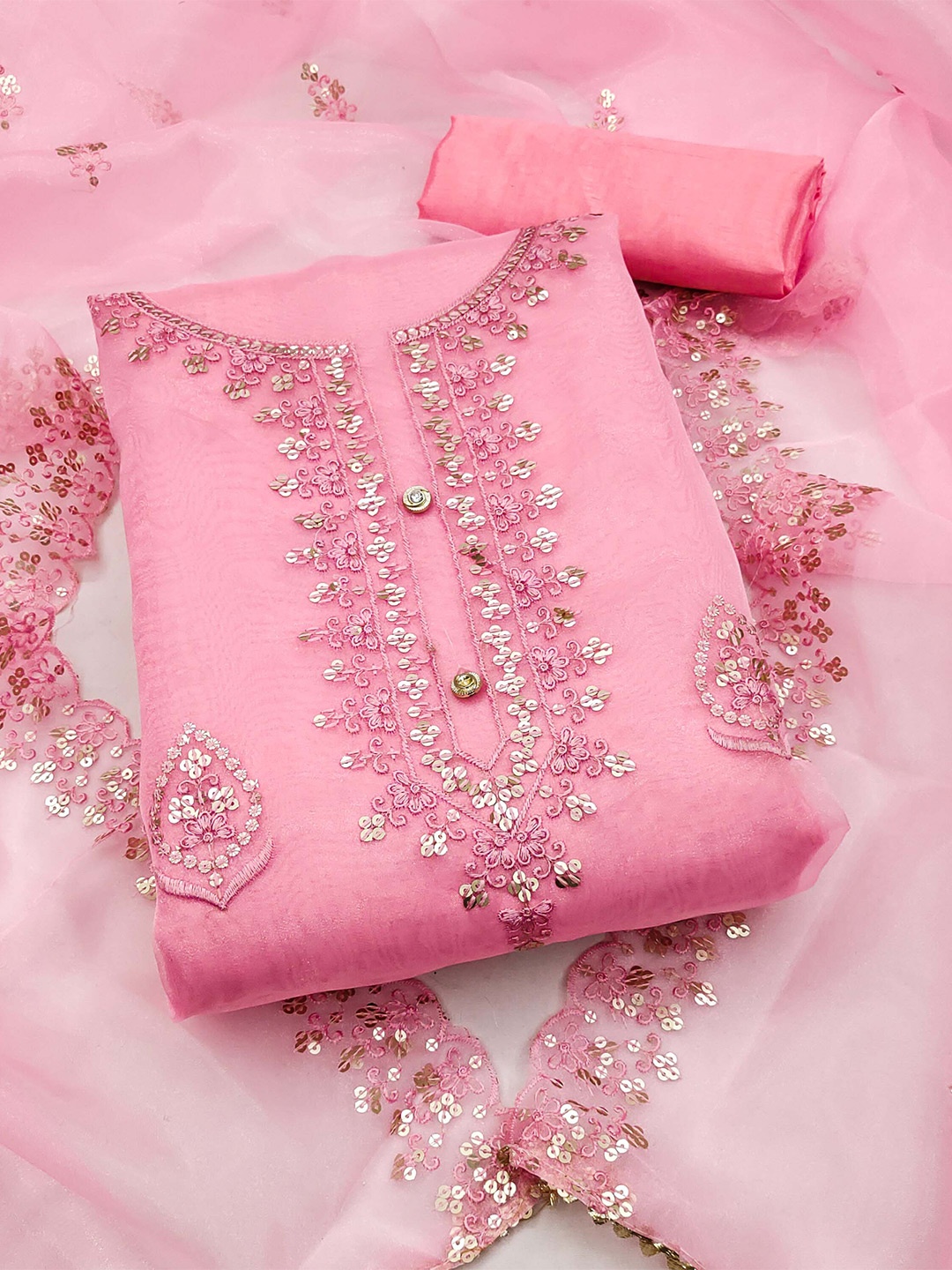 

KALINI Ethnic Motifs Embroidered Organza Unstitched Dress Material, Pink