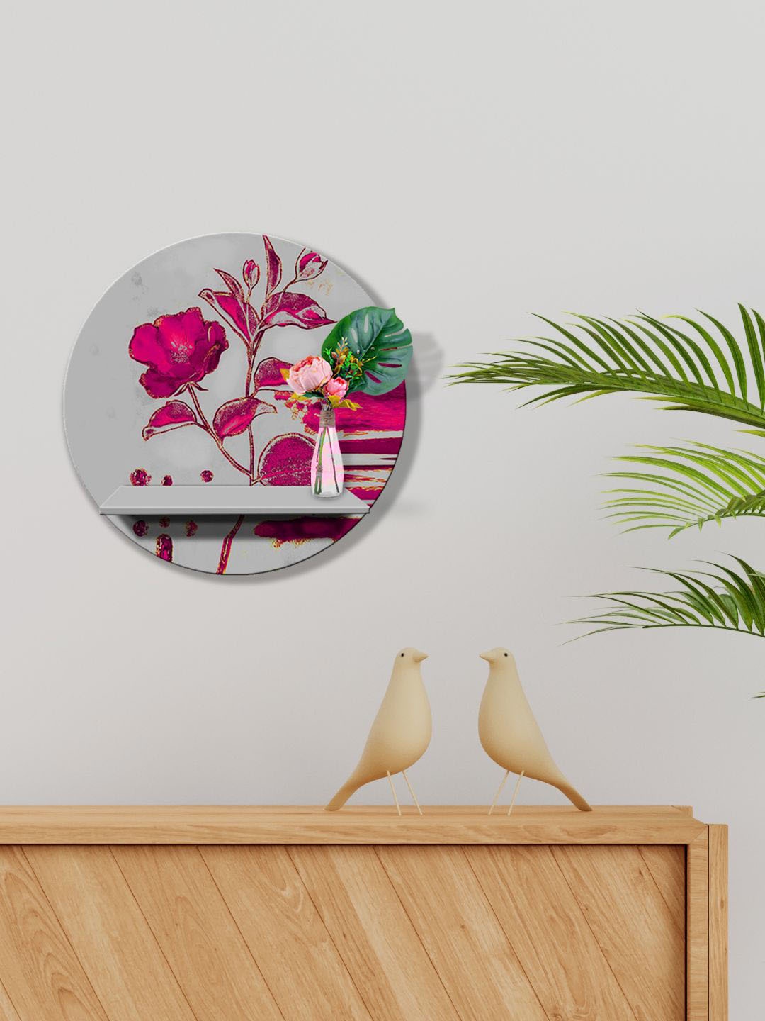 

999Store Grey & Pink Rose Printed MDF Basic Wall Shelf For Storage Wallet Stand