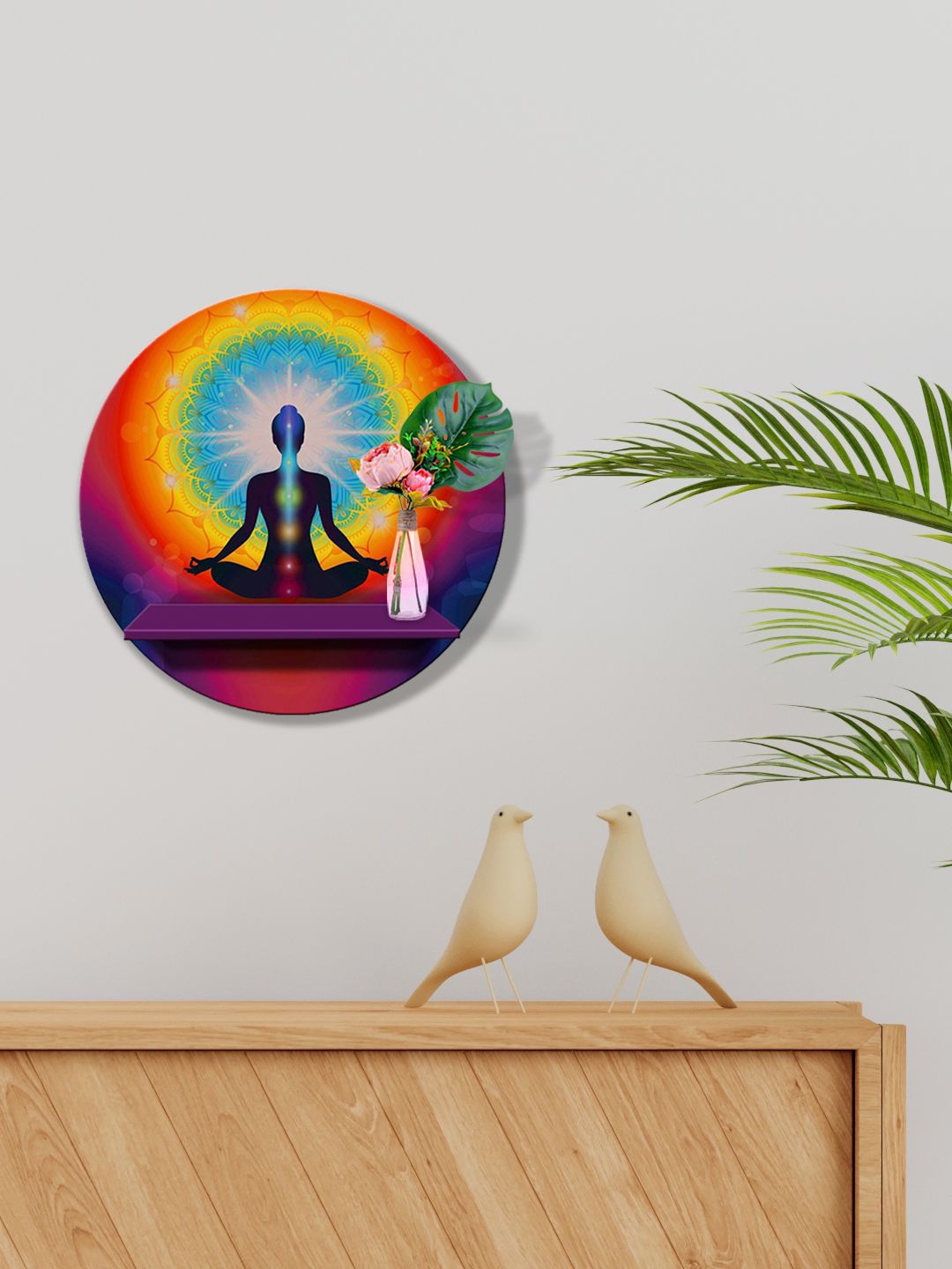 

999Store Purple & Yellow MDF Mudra Yoga Energy Decorated Mandala Effects Wall Shelf