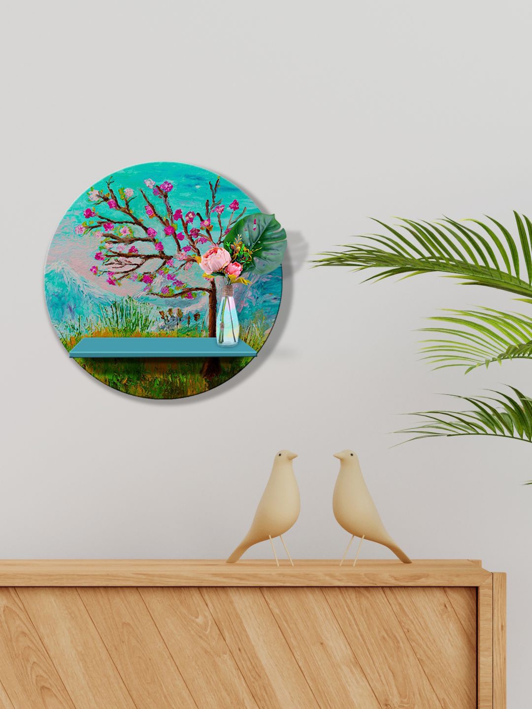 

999Store Blue & Pink MDF Tree With Mountain Wall Shelves For Storage