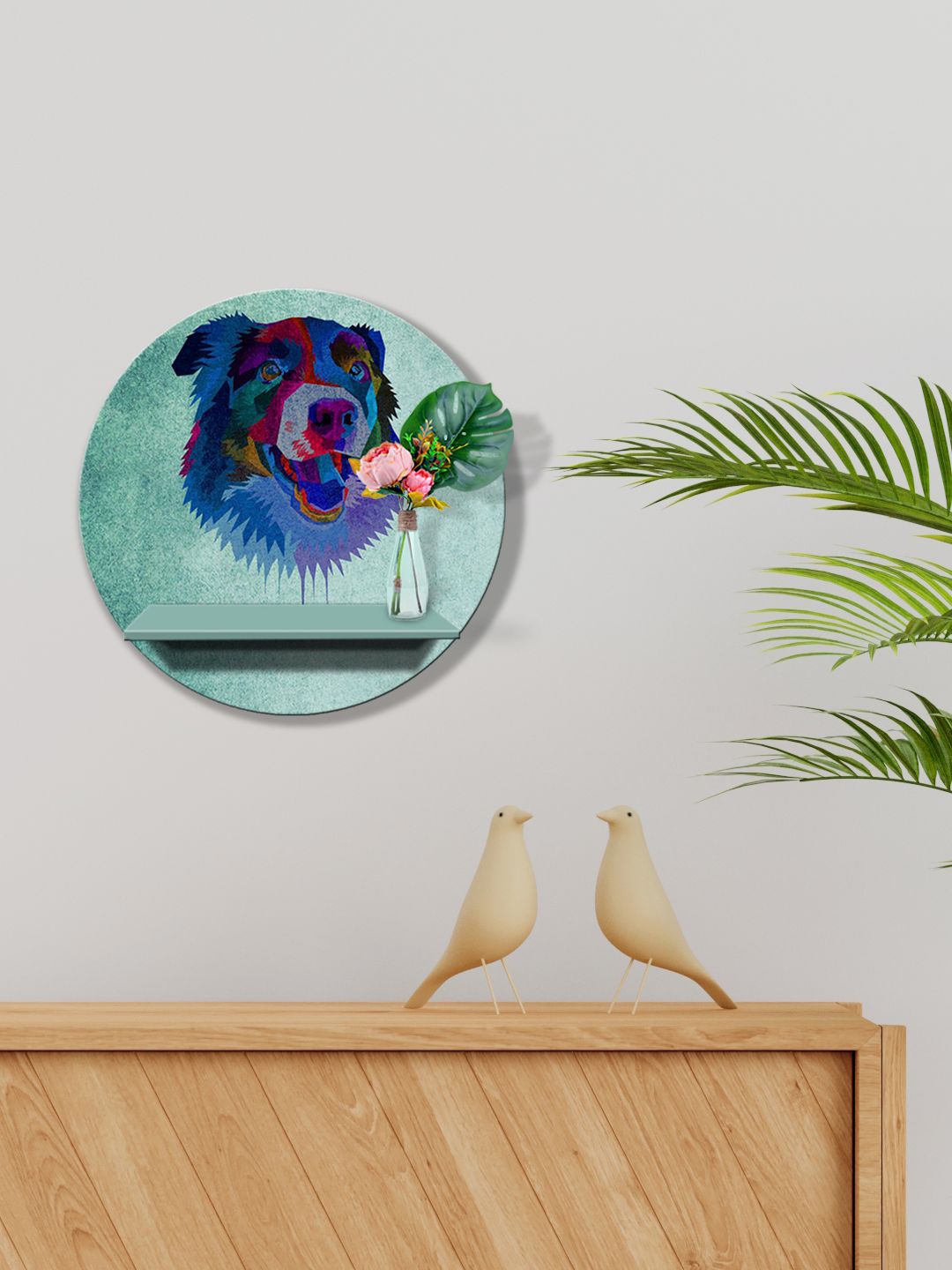 

999Store Green & Blue MDF Colorful Dog Face Wall For Wood shelves