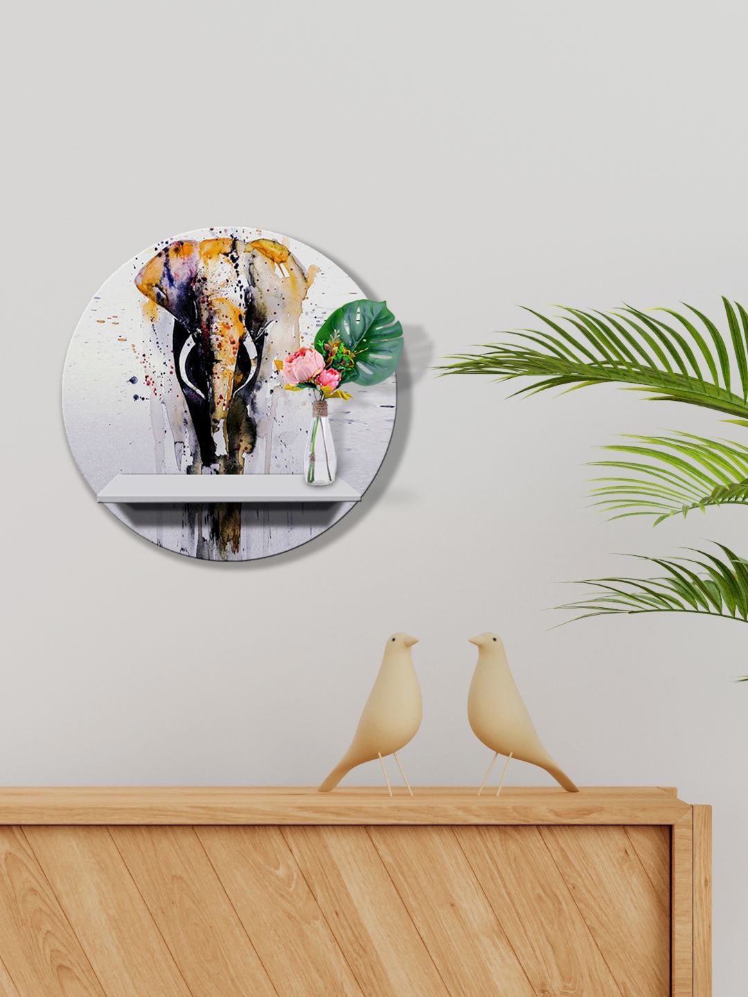 

999Store Grey & Yellow MDF Abstract Elephant Face Wall for Wood Shelves