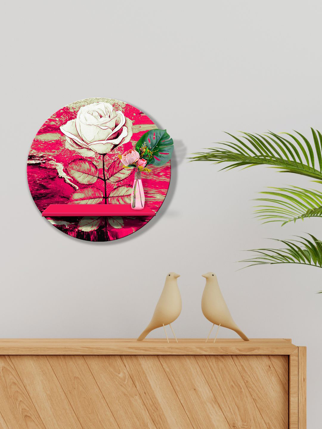 

999Store Red & White MDF Abstract White Rose Wall Self