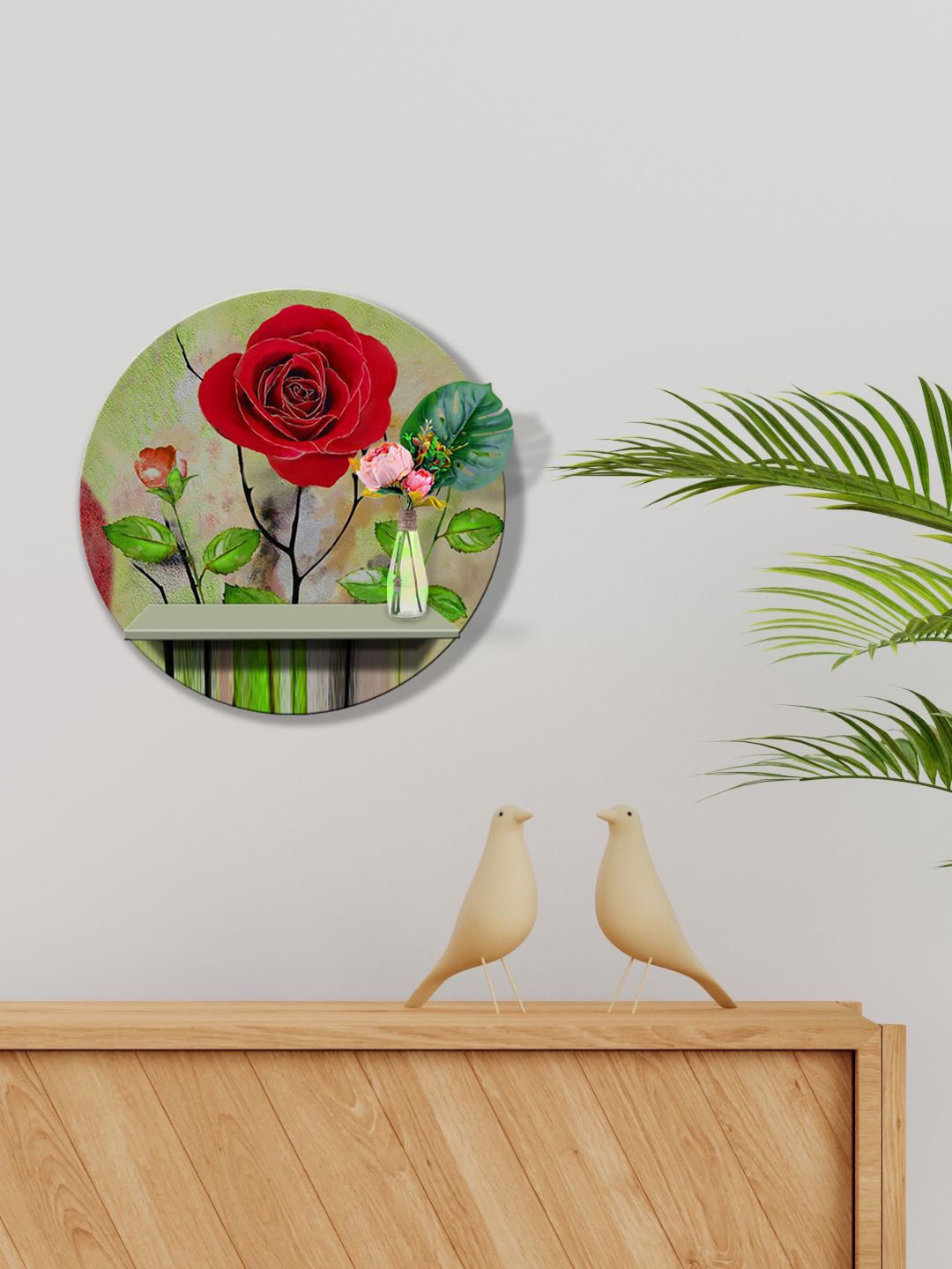 

999Store Green & Red MDF Rose With Leaf Wall Shelves For Storage