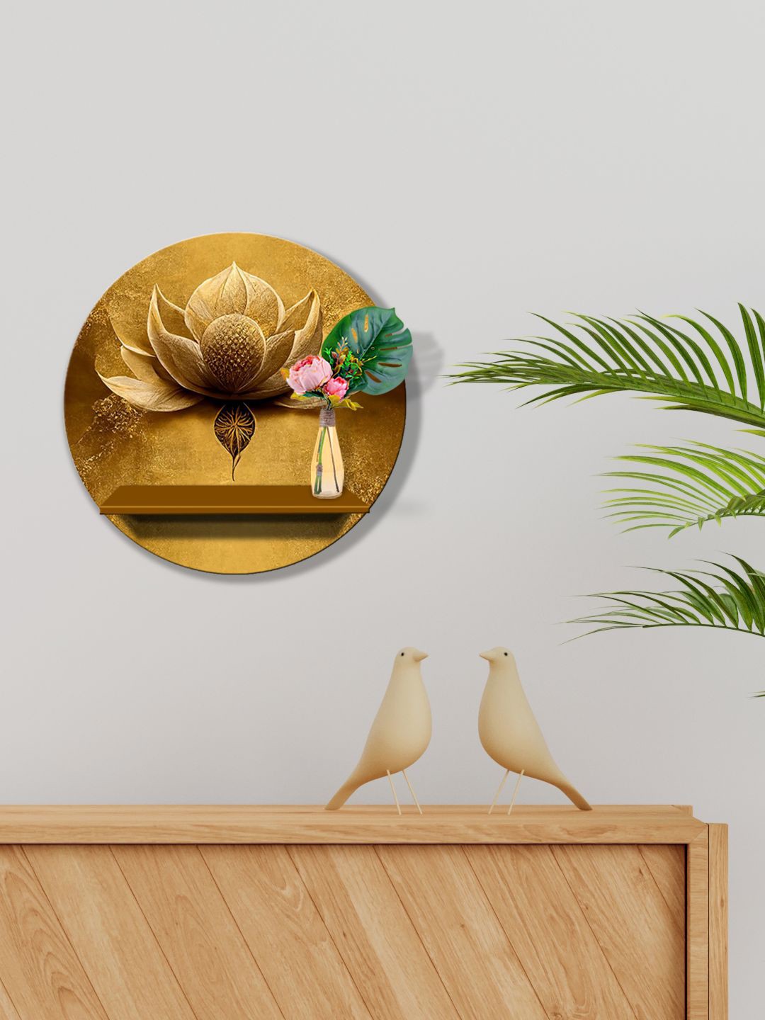 

999Store Brown Rose Flower Printed MDF Basic Wall Shelf For Storage Wallet Stand