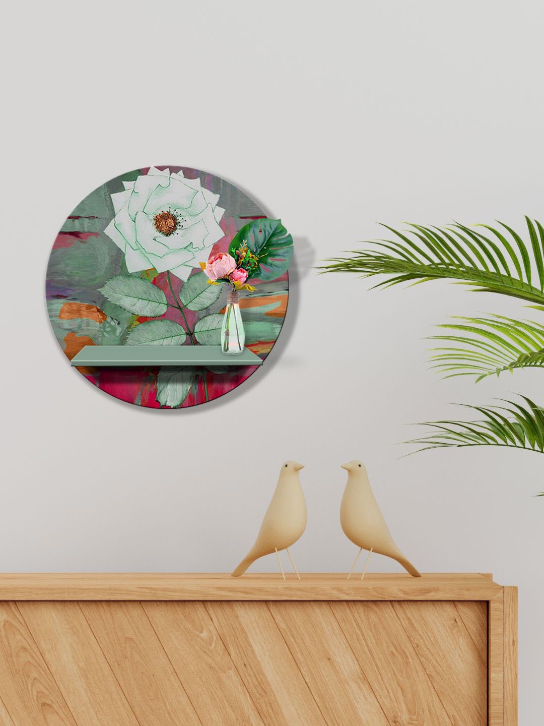 

999Store Green & Pink Rose Printed Wood Basic Wall Shelf