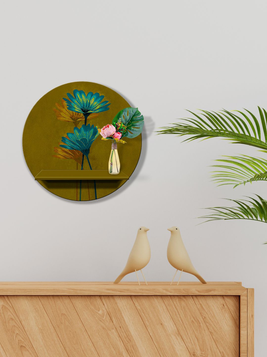 

999Store Olive Green & Teal Flower Printed MDF Basic Wall Shelf For Storage Wallet Stand