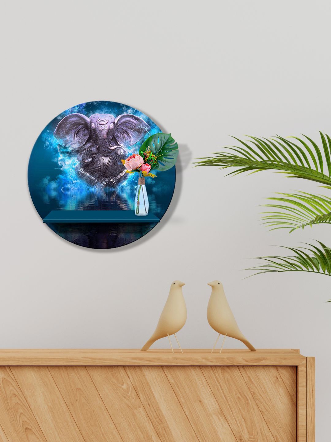 

999Store Teal & Pink Blessing Ganesha MDF Basic Wall Shelf For Storage Wallet Stand
