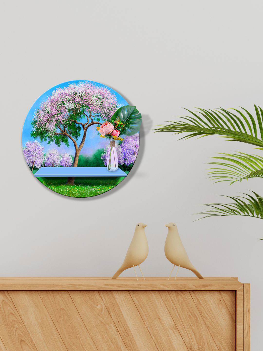 

999Store Blue Cherry Blossom Sakura Tree Wood Basic Wall Shelf For Storage Wallet Stand