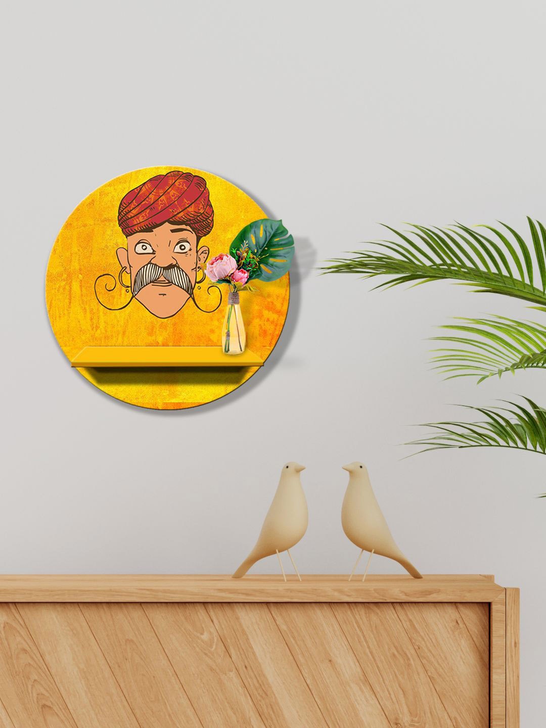 

999Store Yellow & Red Rajasthani Face MDF Basic Wall Shelf For Storage Wallet Stand