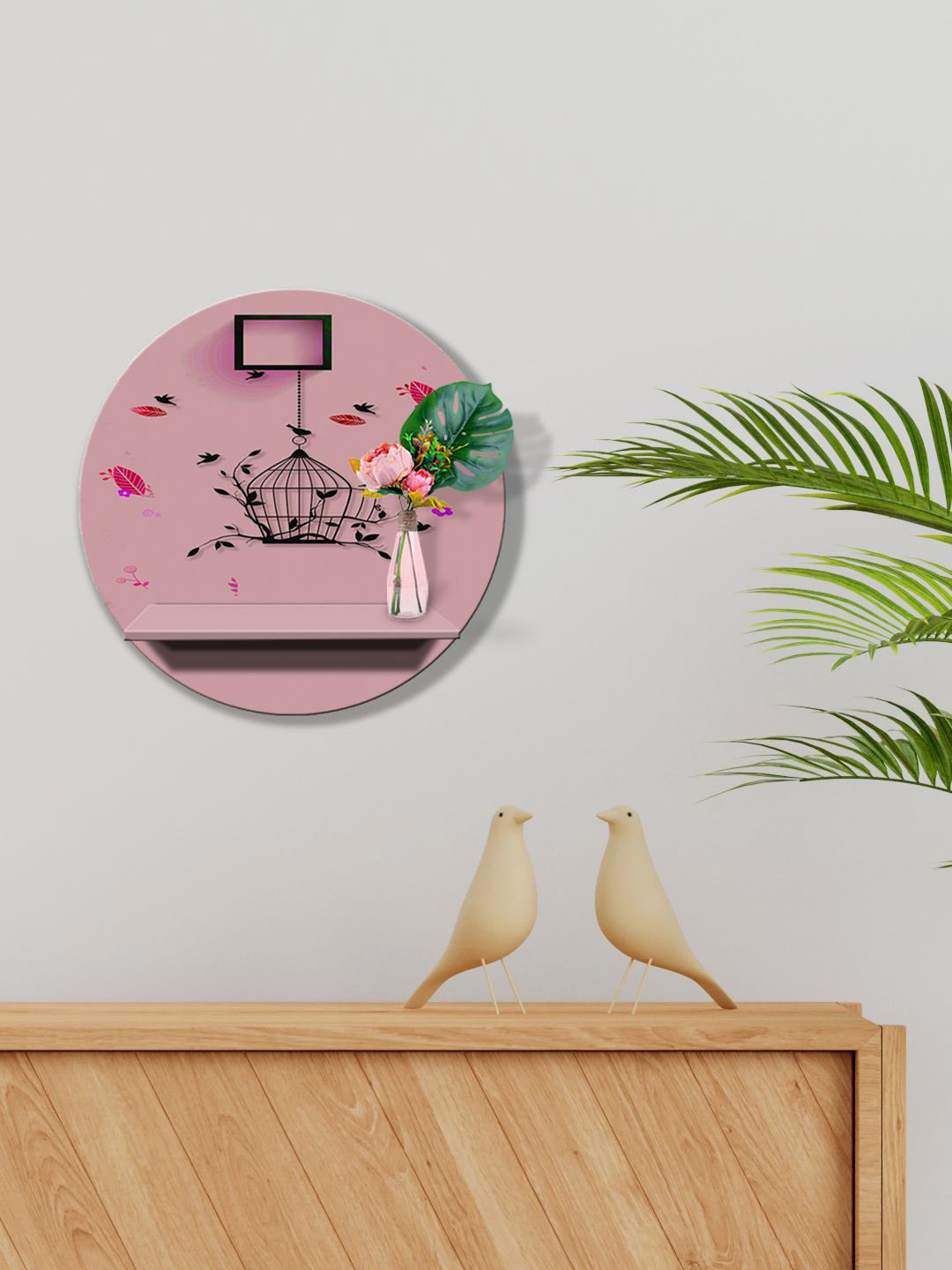 

999Store Pink Beautiful Flowers Birds In Cages MDF Basic Wall Shelf