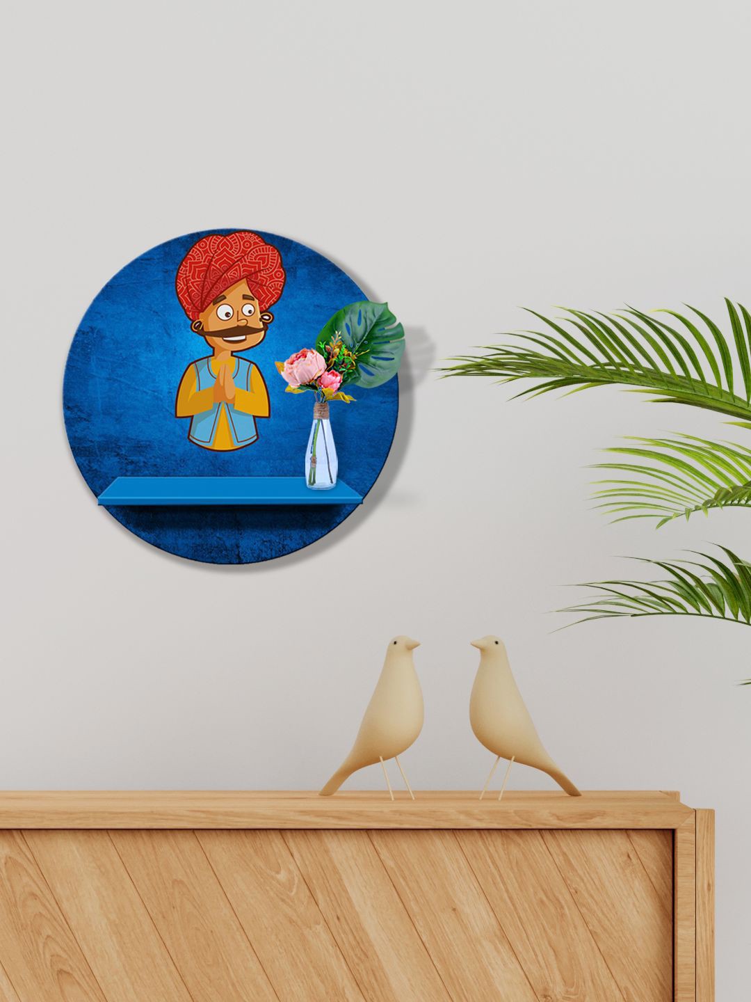 

999Store Blue Rajasthani Man with Greet MDF Basic Wall Shelf For Storage Wallet Stand