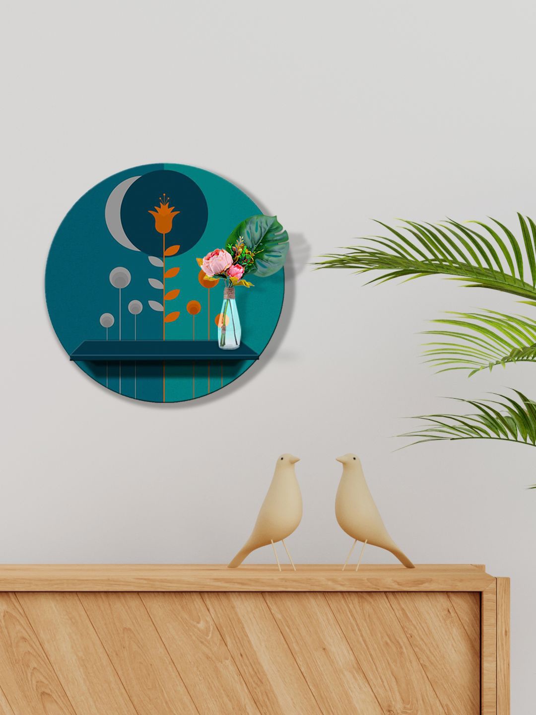 

999Store Teal & Orange Flower Printed MDF Basic Wall Shelf For Storage Wallet Stand