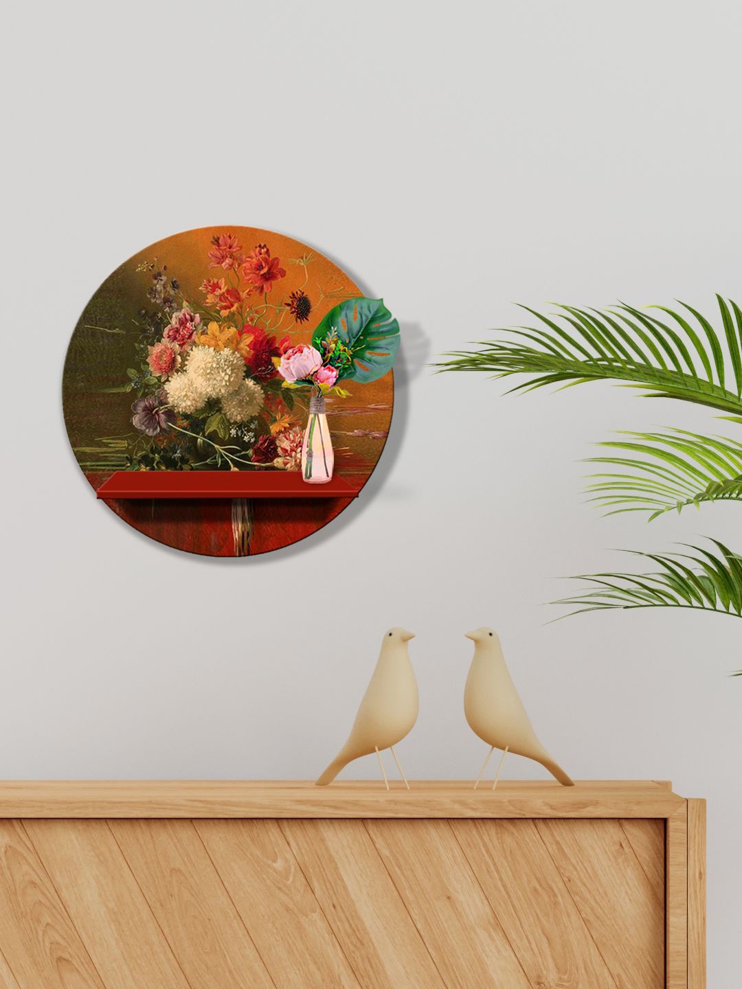 

999Store Orange & White Flowers Printed MDF Wall Shelf