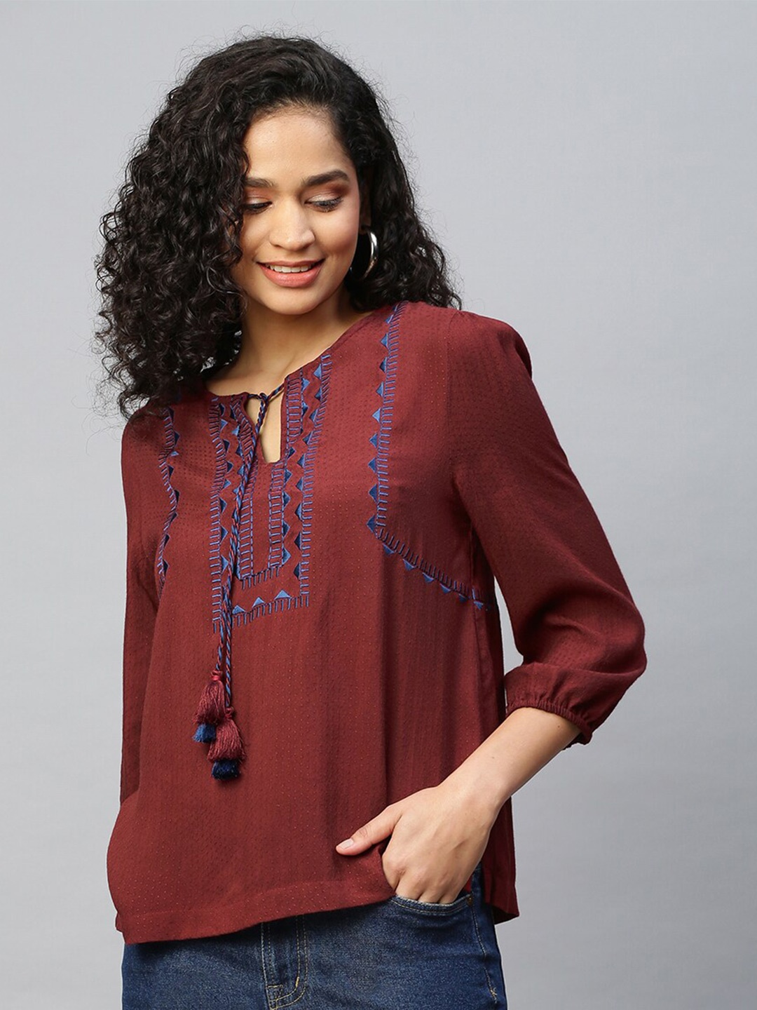 

Chemistry Embroidered Tie-Up Neck Top, Burgundy