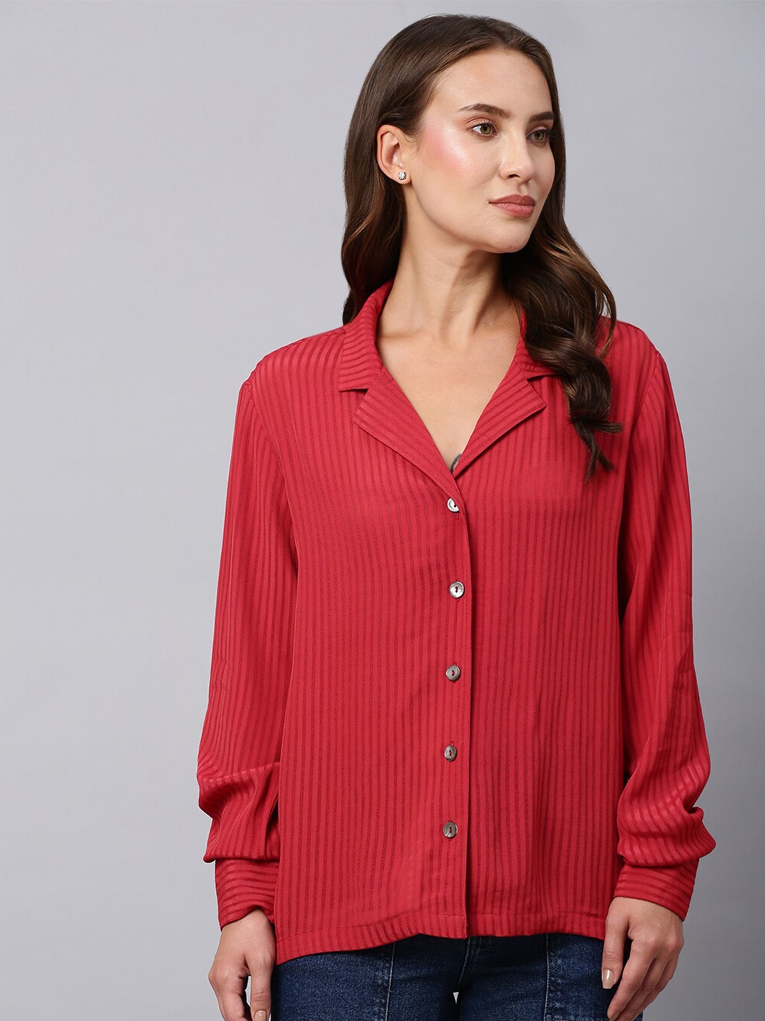 

Chemistry Striped Lapel Collar Shirt Style Top, Burgundy