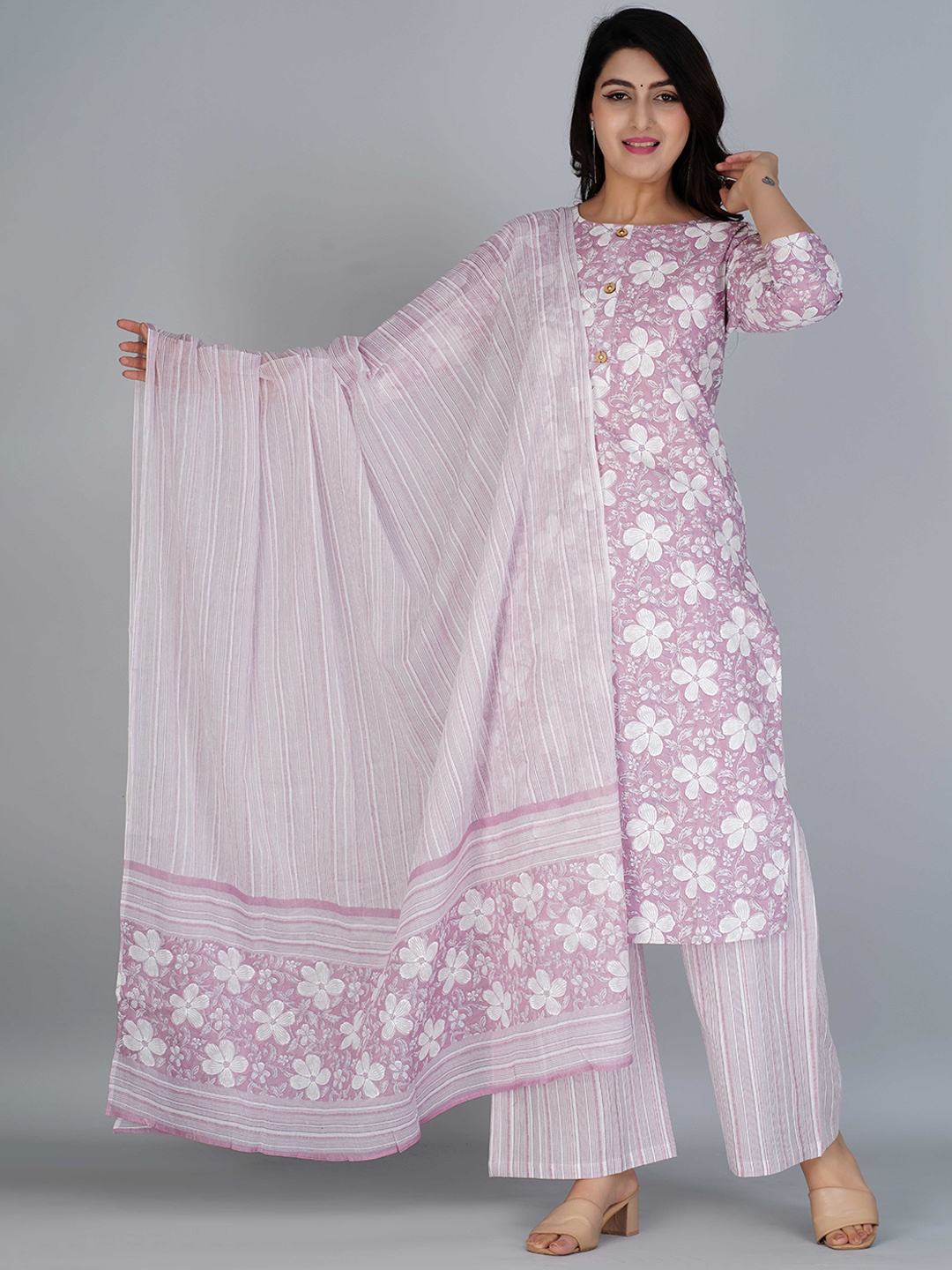 

KALINI Floral Printed Regular Pure Cotton Kurta With Palazzos & With Dupatta, Violet