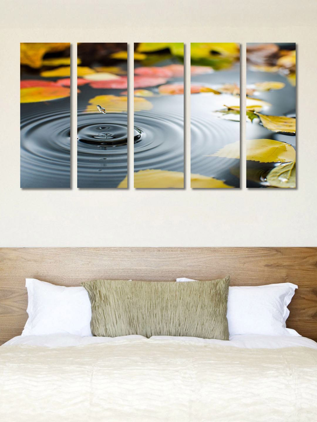 

999Store Green & Grey 5 Pieces Leaves Water Drops Painted Framed Wall Art, Yellow