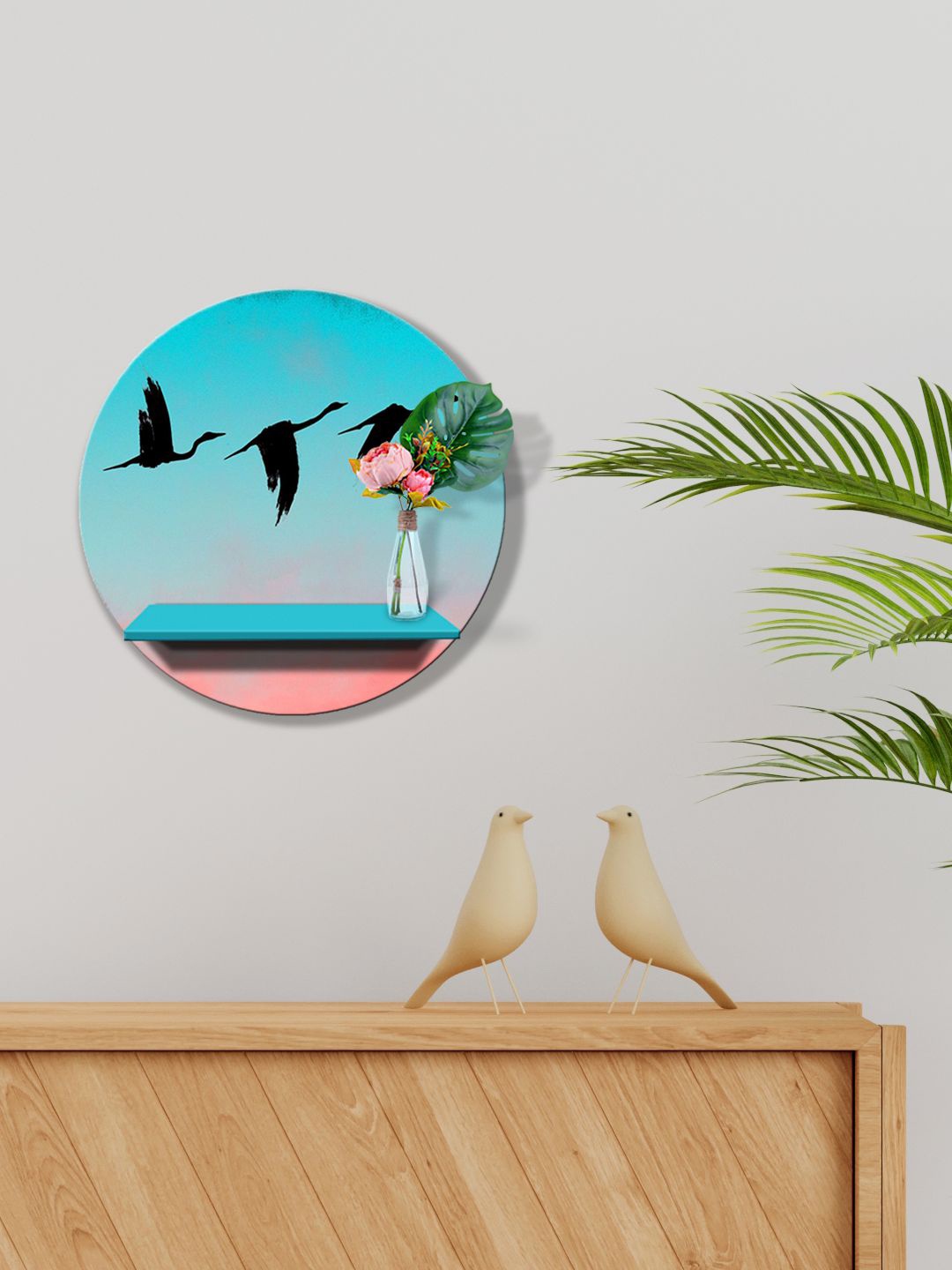 

999Store Blue & Pink Birds Printed MDF Wall Shelf