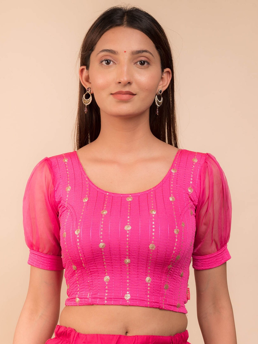 

Bindigasm's Advi Sequin Embroidery Organza Puff Sleeves Stretchable Saree Blouse, Pink