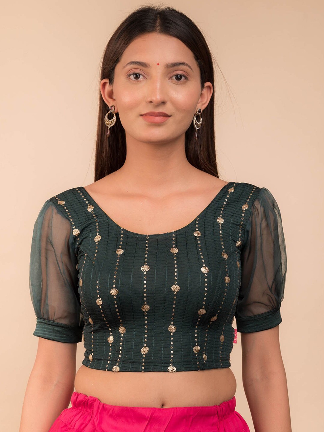 

Bindigasm's Advi Sequinned Embroidered Puff Sleeves Blouse, Green