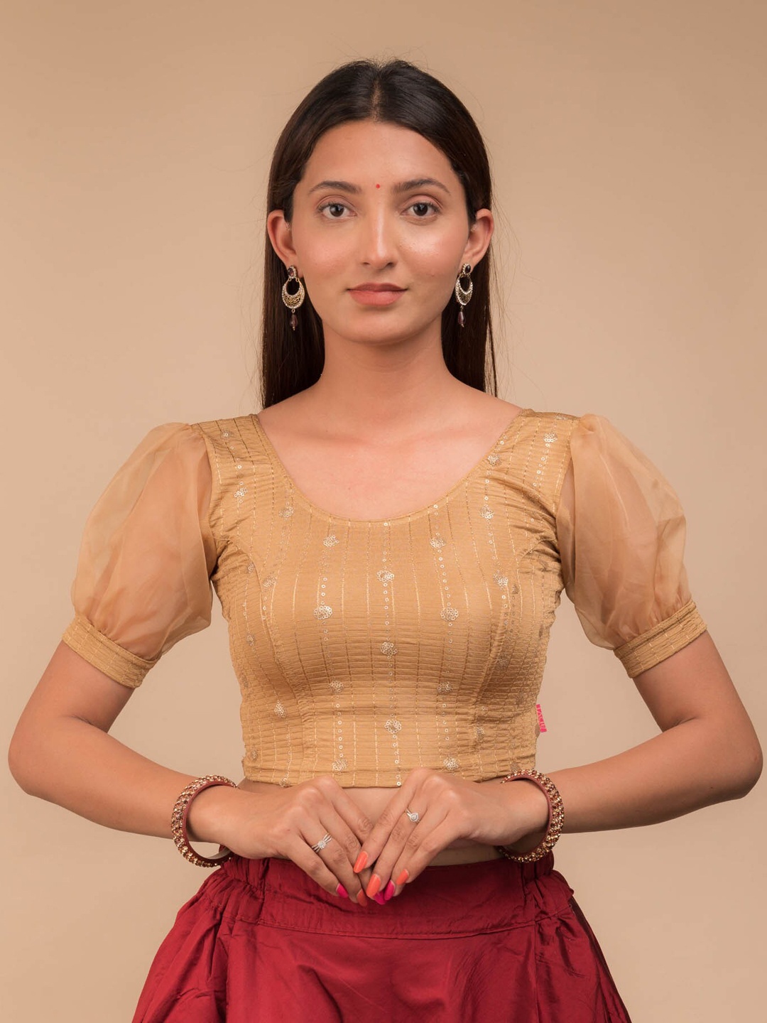 

Bindigasm's Advi Sequin Embroidery Organza Puff Sleeves Stretchable Saree Blouse, Beige