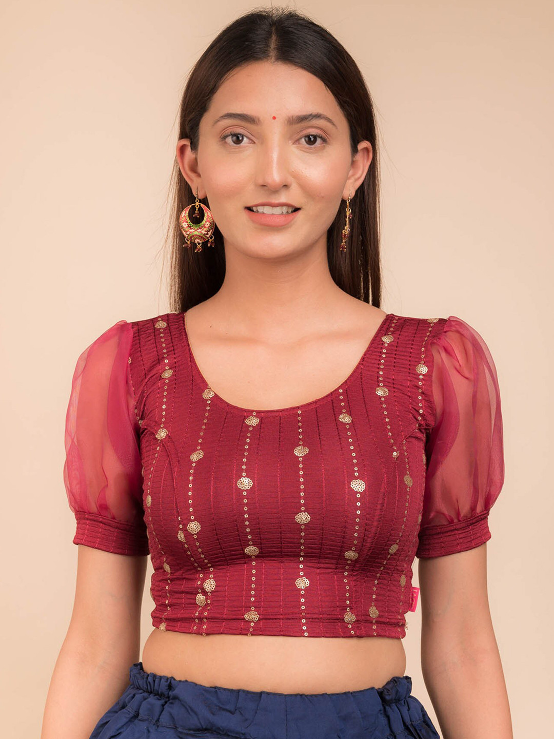 

Bindigasm's Advi Sequinned Embroidered Puff Sleeves Saree Blouse, Maroon