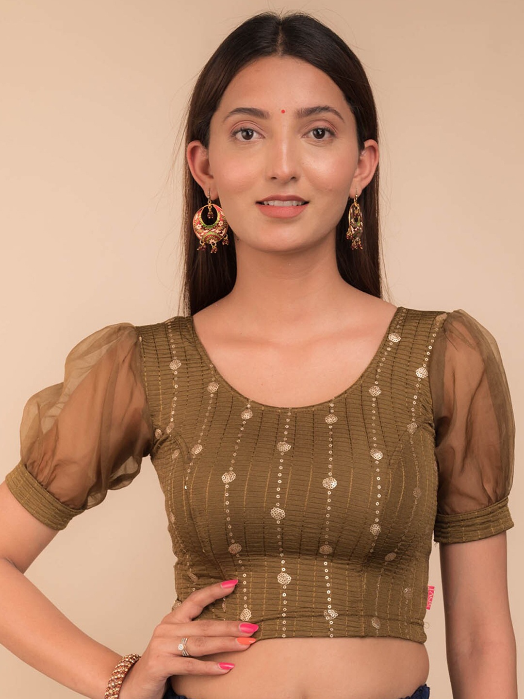 

Bindigasm's Advi Sequin Embroidery Organza Puff Sleeves Stretchable Saree Blouse, Green