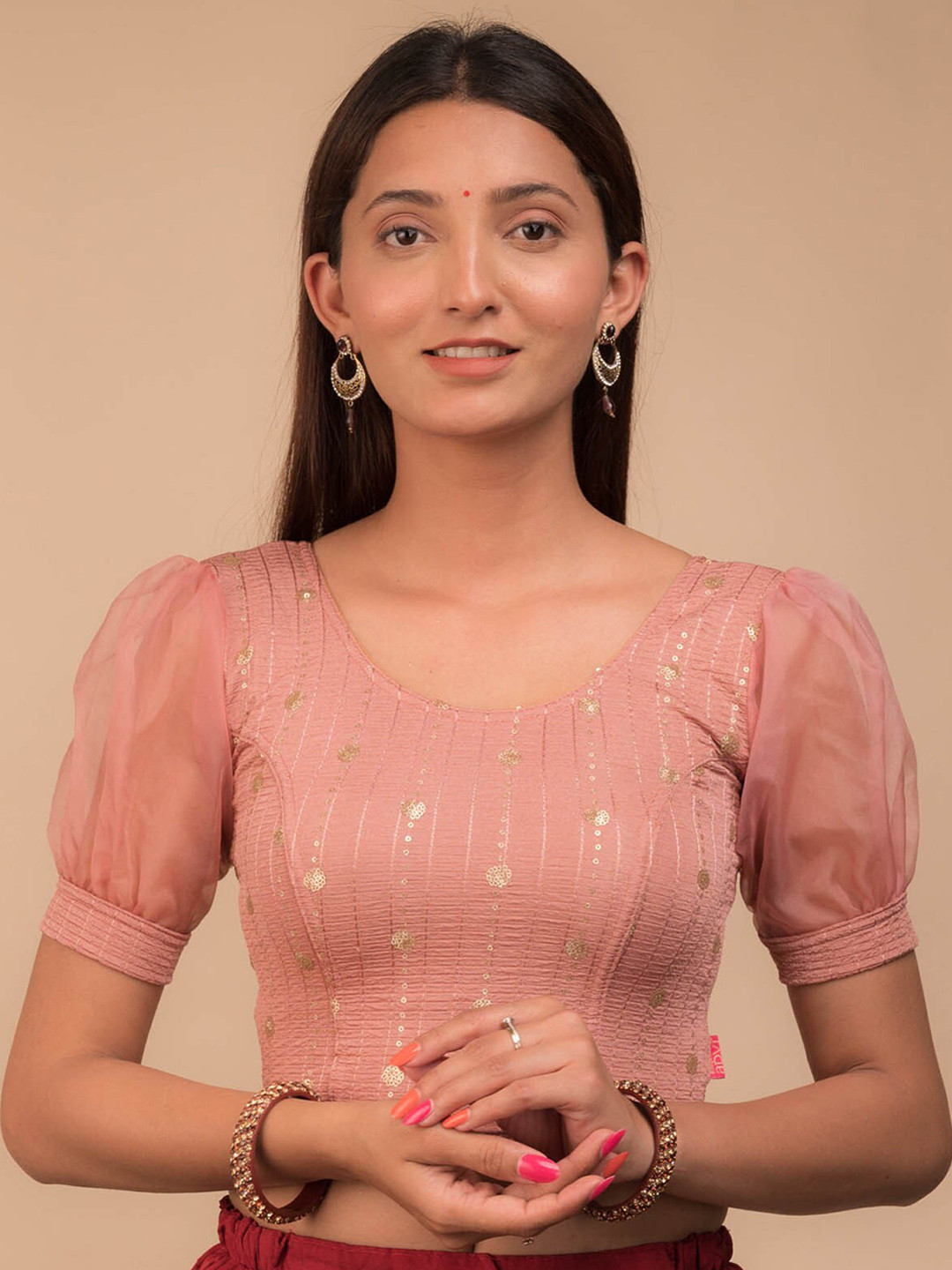 

Bindigasm's Advi Sequinned Embroidered Puff Sleeves Saree Blouse, Pink