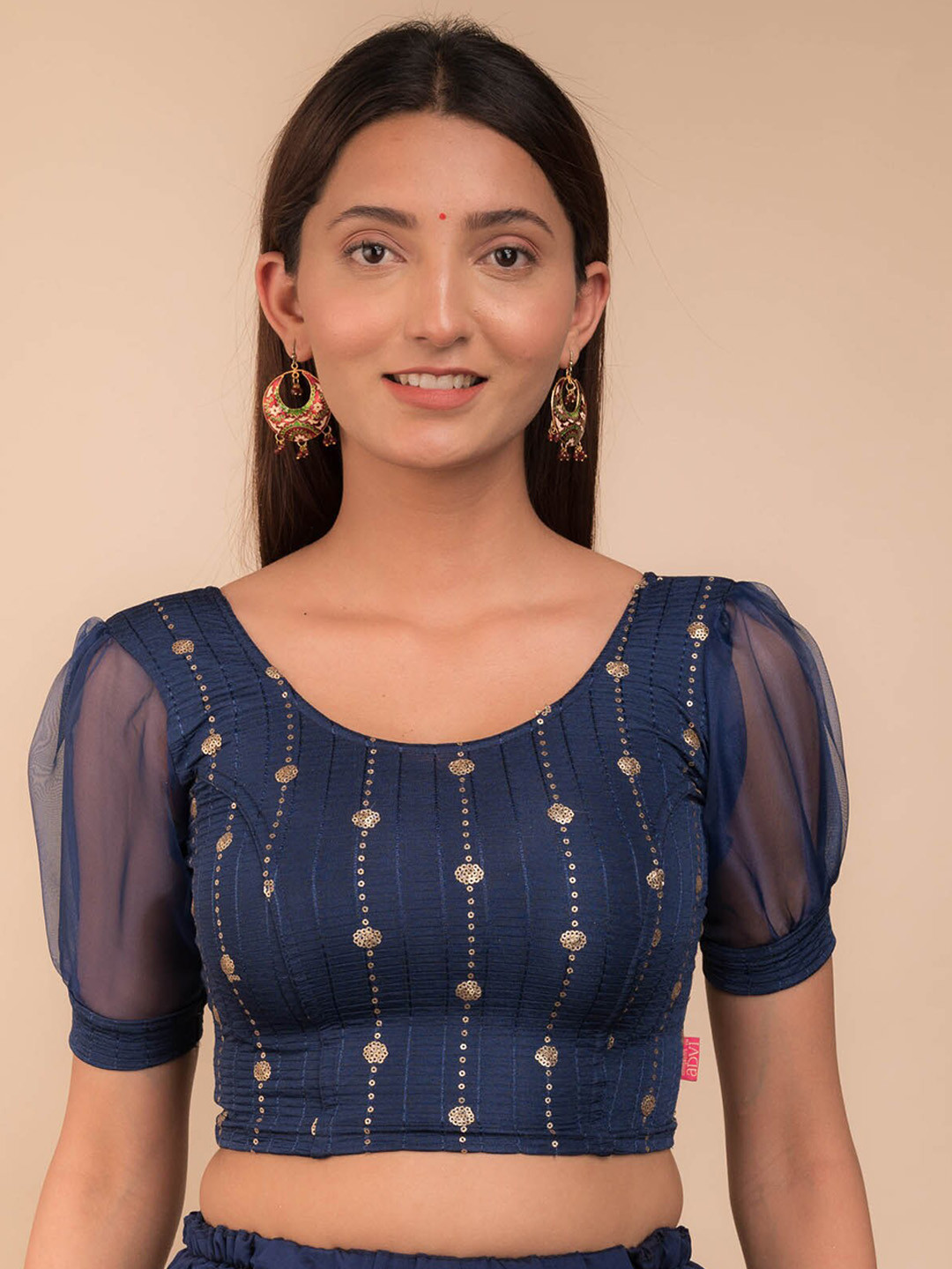 

Bindigasm's Advi Sequinned Embroidered Puff Sleeves Saree Blouse, Navy blue