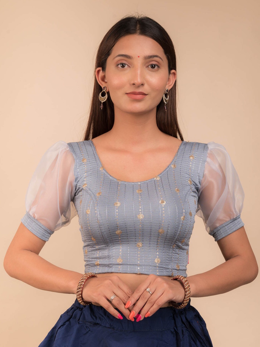 

Bindigasm's Advi Sequinned Embroidered Puff Sleeve Blouse, Grey