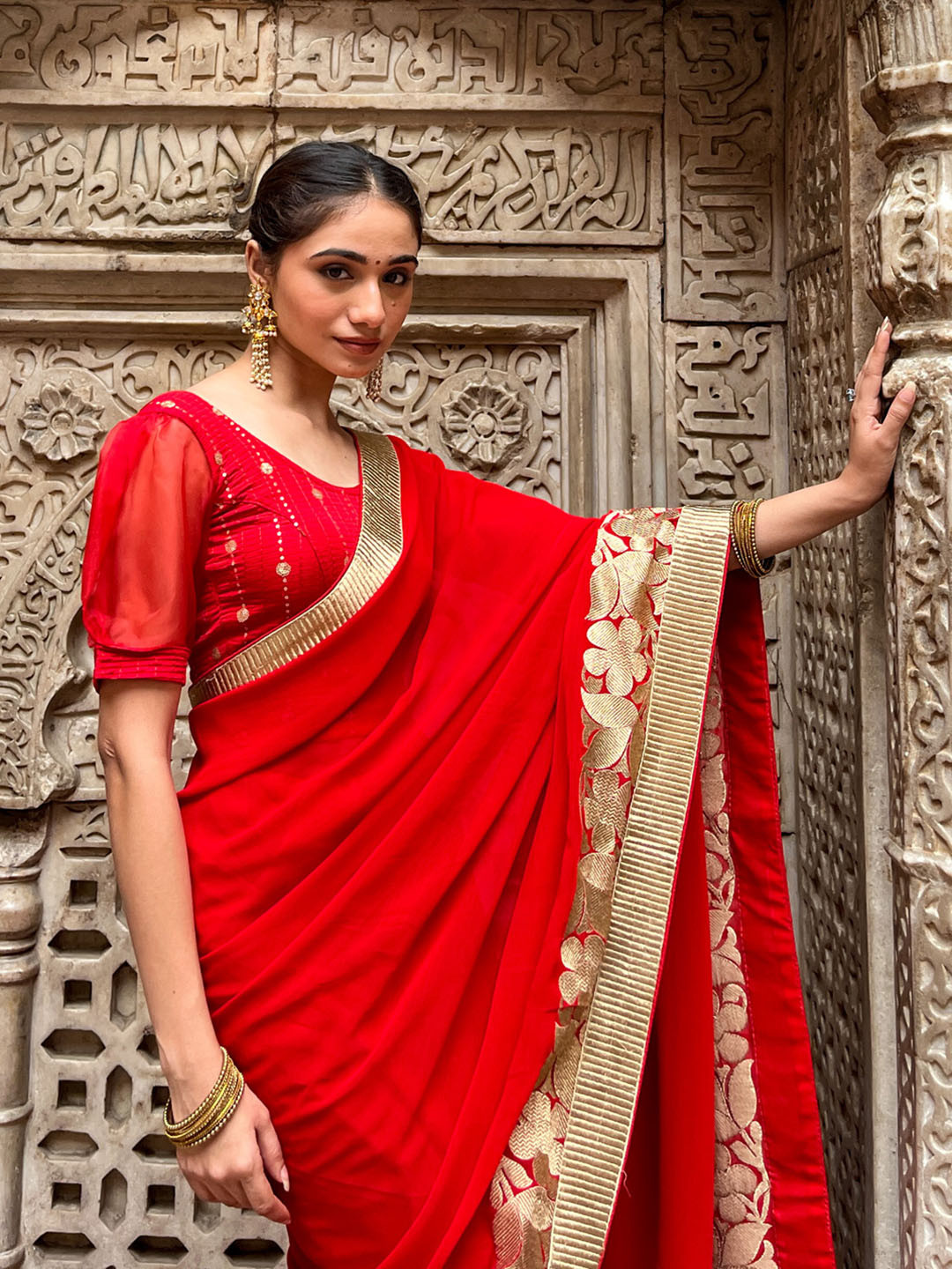 

Bindigasm's Advi Sequined Embroidery Organza Puff Sleeve Stretchable Saree Blouse, Red