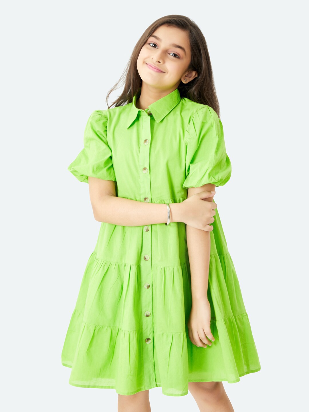 

Olele Girls Lucy Puff Sleeves Tiered Cotton Shirt Dress, Fluorescent green