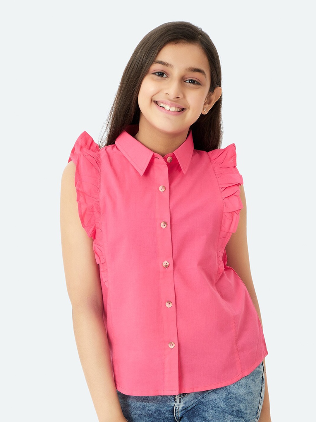 

Olele Girls Contemporary Fit Sleeveless Ruffles Detail Casual Shirt, Pink