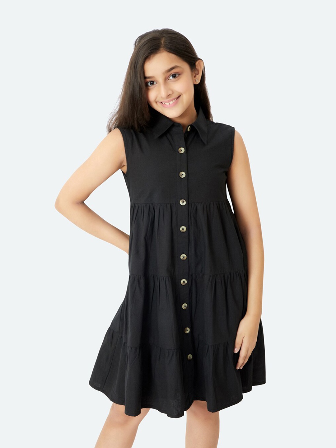 

Olele Girls Stella Shirt Collar Gathered & Tiered Shirt Dress, Black