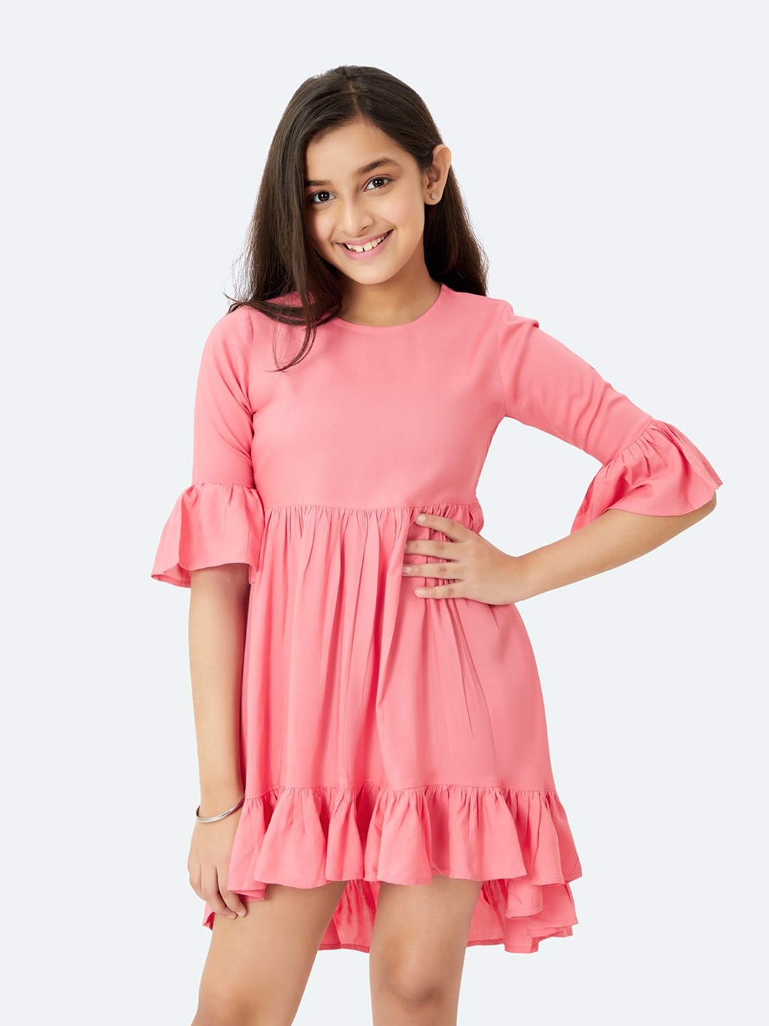 

Olele Girls Hillary Bell Sleeve Ruffled High-Low Dress, Pink