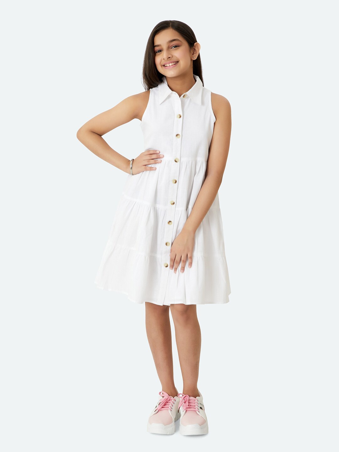 

Olele Girls Stella Solid Shirt Collar Tiered A-Line Dress, White