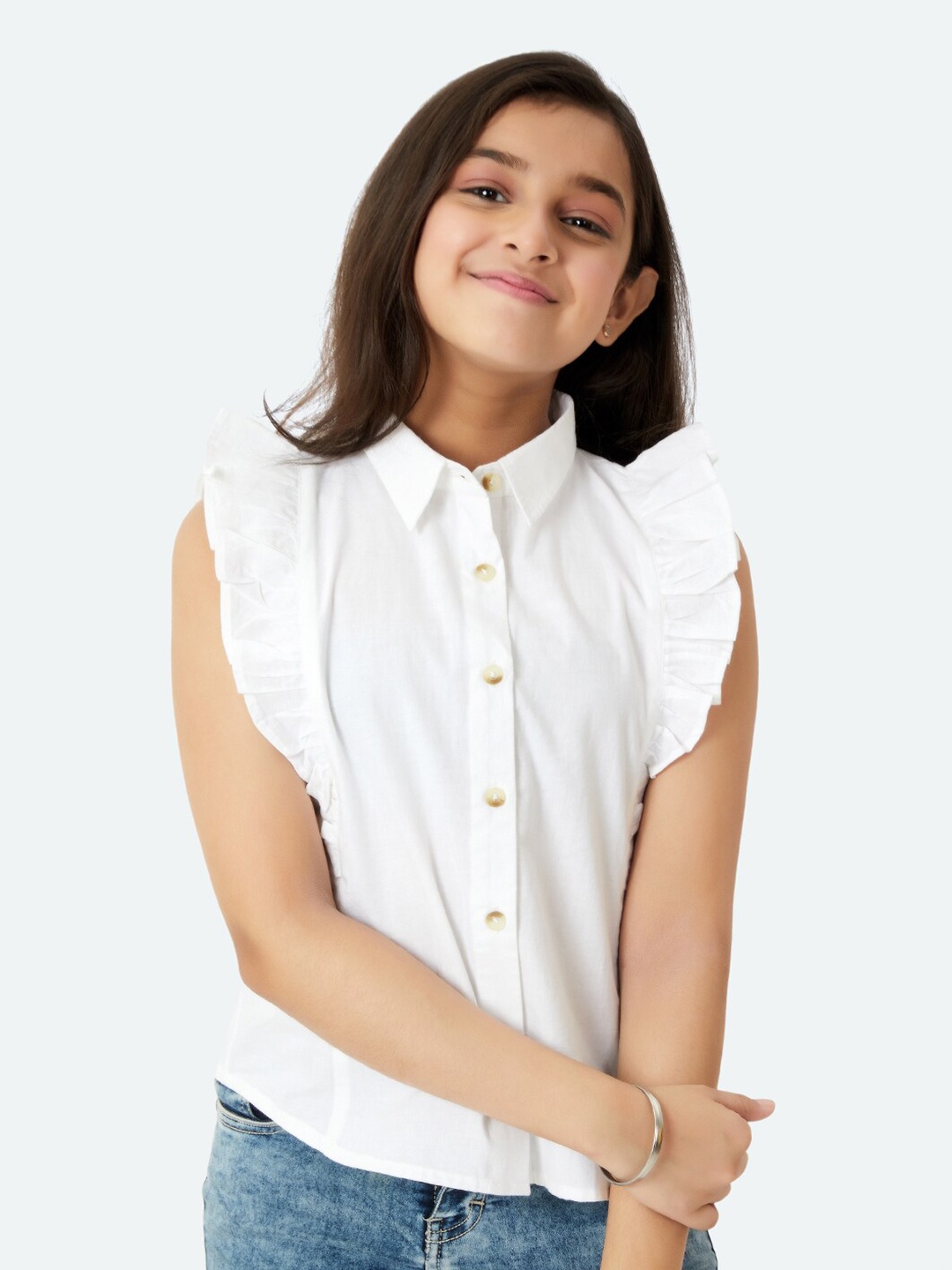 

Olele Girls Sleeveless Ruffles Detail Twill Weave Casual Shirt, White