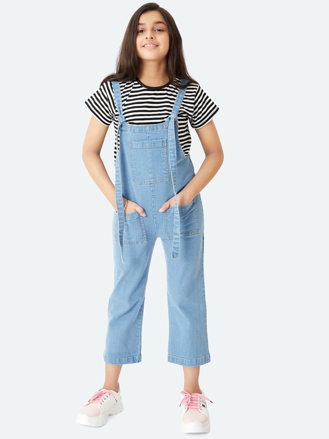 

Olele Girls Full Firangi Organic Cotton Denim Dungaree, Blue