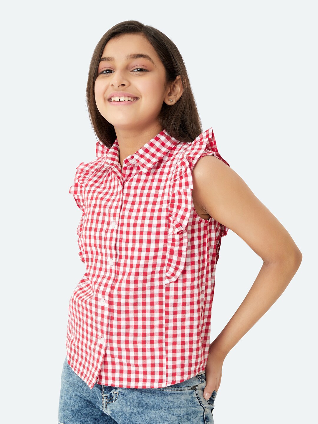 

Olele Girls Contemporary Fit Checked Ruffles Detail Twill Weave Cotton Casual Shirt, Red