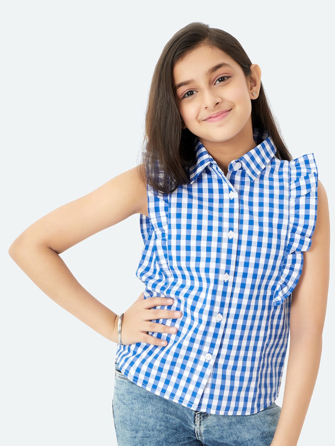 

Olele Girl Regina Contemporary Fit Gingham Checked Ruffles Detail Twill Weave Casual Shirt, Blue