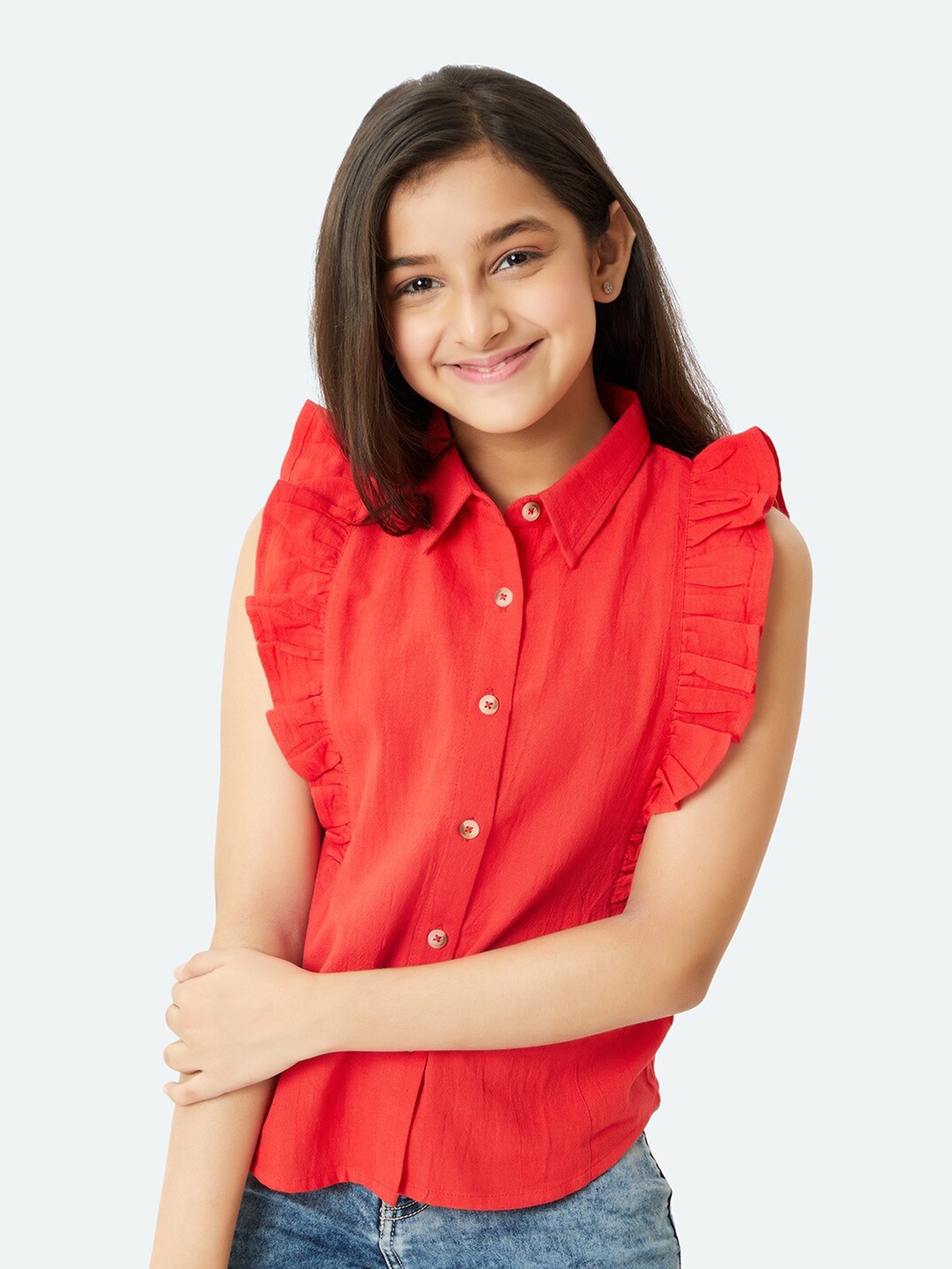 

Olele Girls Regina Contemporary Fit Ruffles Detail Twill Linen Weave Casual Shirt, Red