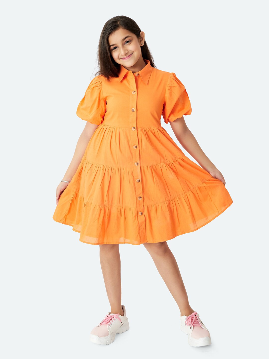 

Olele Tiered Shirt Collar A-Line Cotton Dress, Orange