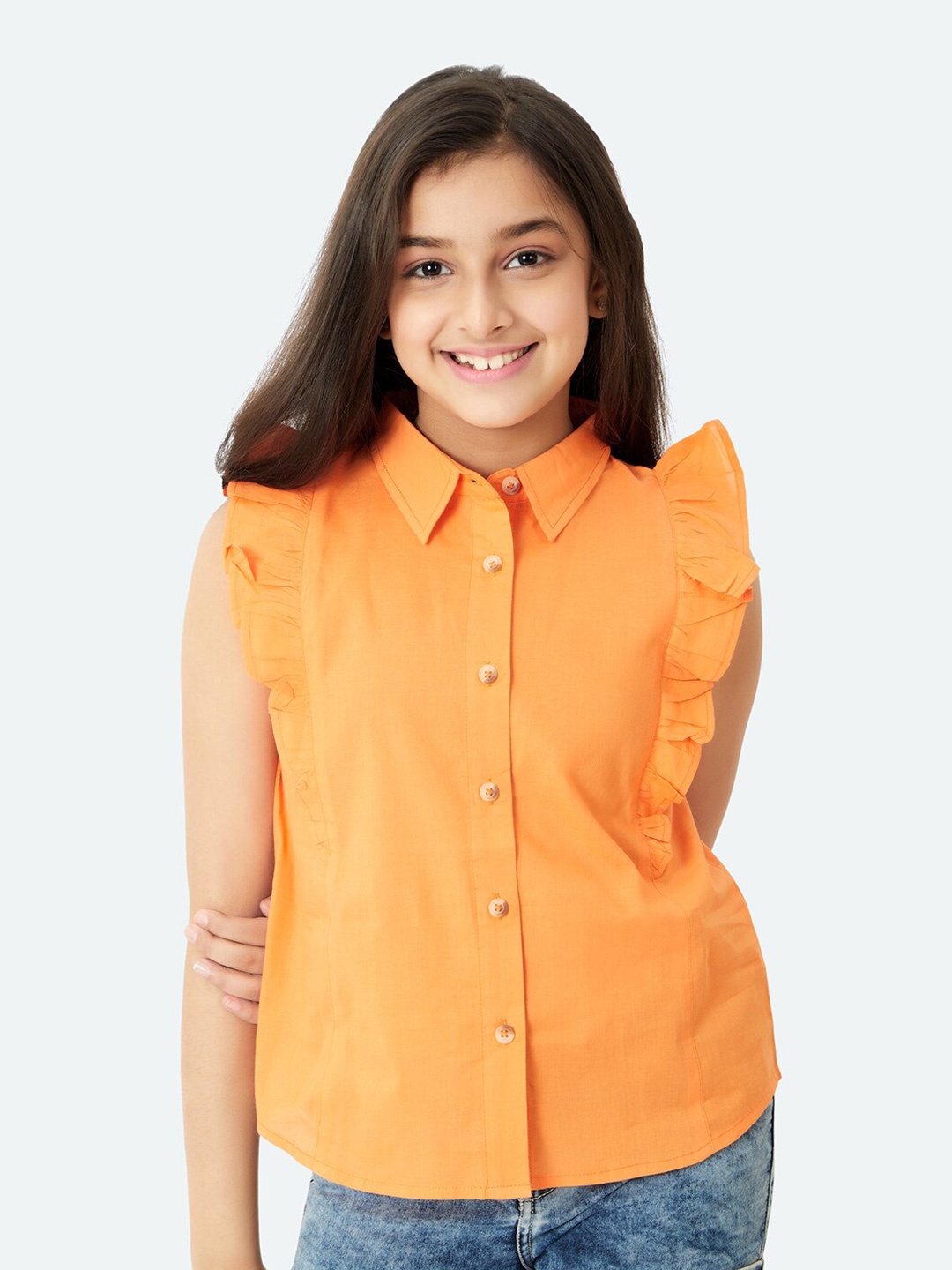 

Olele Girls Regina Contemporary Fit Ruffles Detail Twill Weave Cotton Casual Shirt, Orange