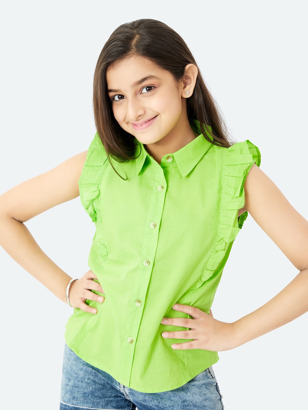 

Olele Girls Contemporary Fit Sleeveless Ruffles Detail Twill Weave Cotton Casual Shirt, Green