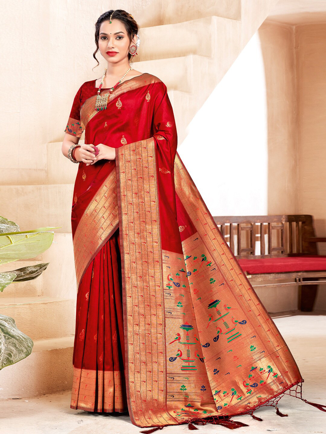 

SANGAM PRINTS Ethnic Motifs Woven Design Zari Paithani Saree, Red