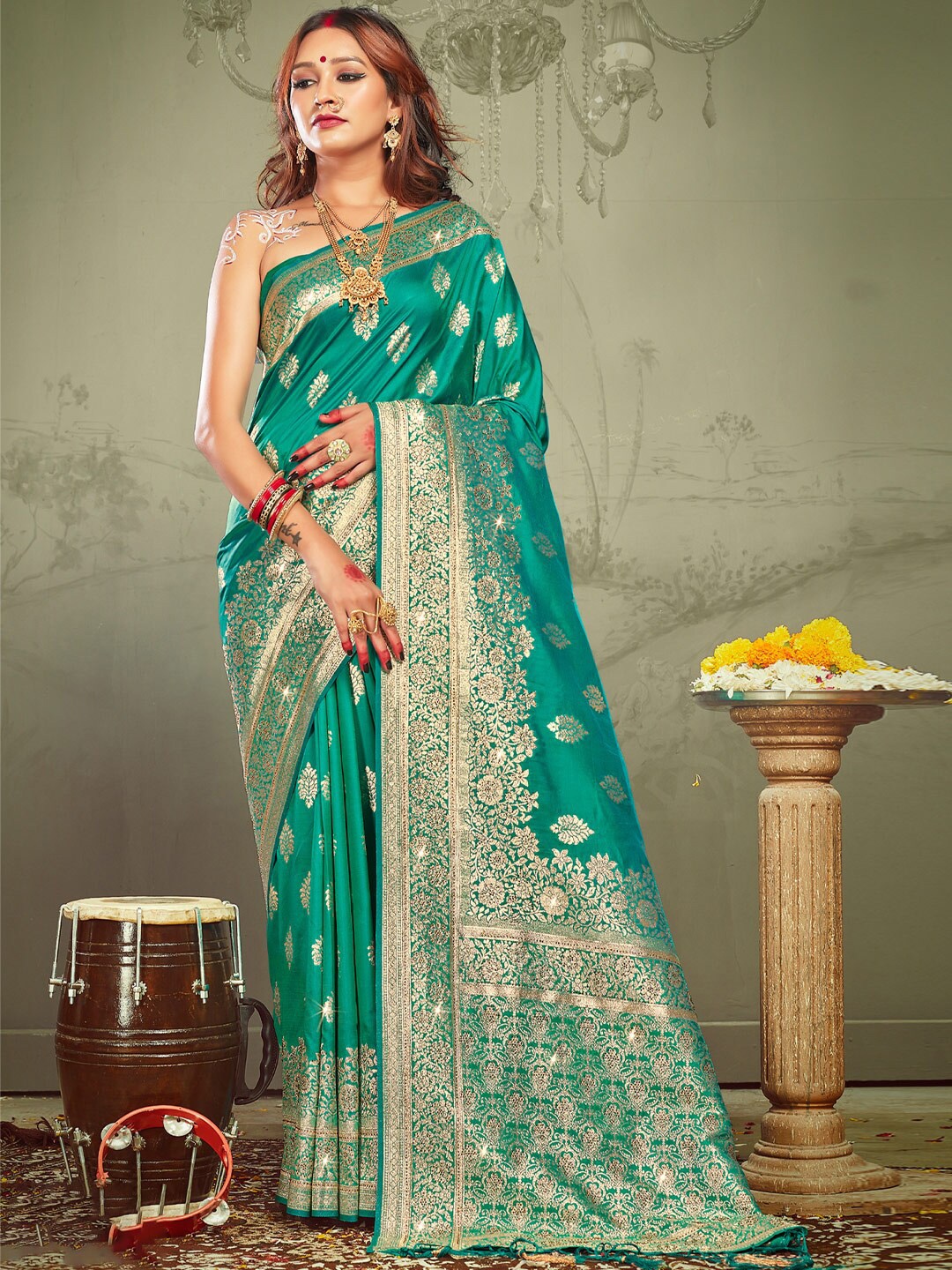 

SANGAM PRINTS Woven Design Beads and Stones Banarasi Saree, Sea green