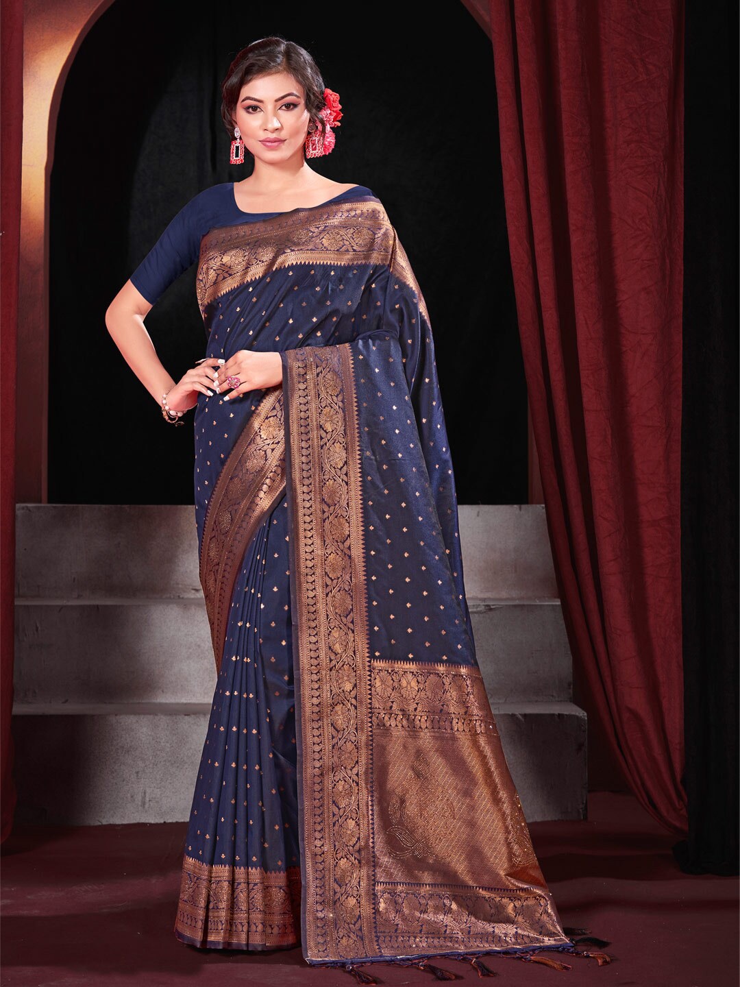 

SANGAM PRINTS Ethnic Motifs Woven Design Zari Banarasi Saree, Blue