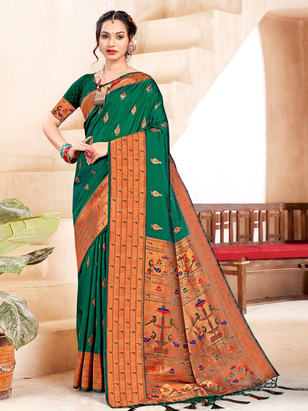 

SANGAM PRINTS Ethnic Motifs Woven Design Zari Paithani Saree, Green