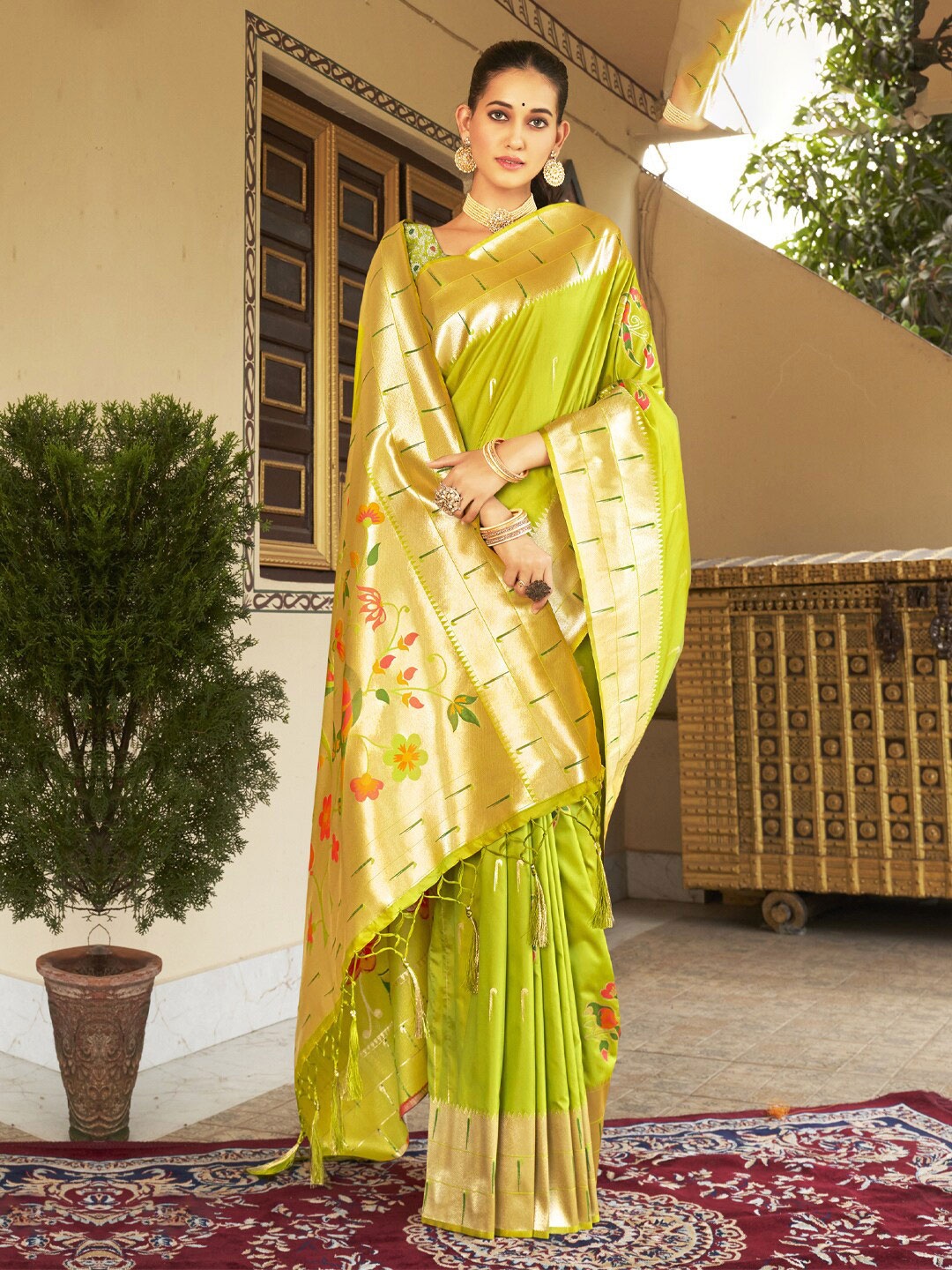 

SANGAM PRINTS Ethnic Motifs Woven Design Zari Paithani Saree, Green